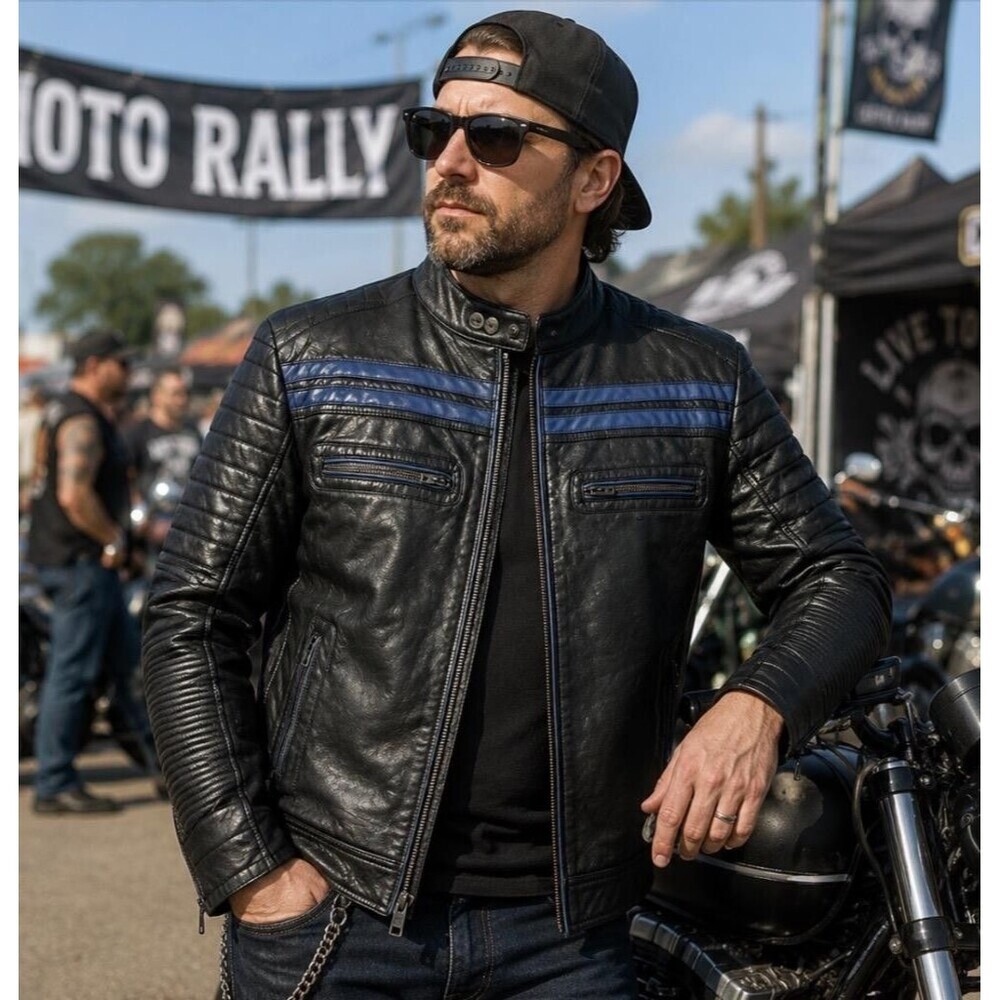 Buckle Black Moto Jacket Mens S Black Blue Faux Leather Cafe Racer Biker Zip